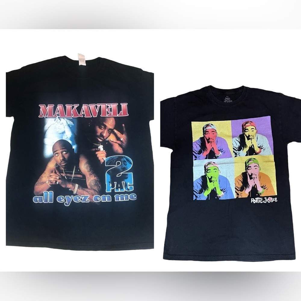 2PAC (2) graphic black t-shirts. Poetic Justice and Makaveli all eyes on me. M